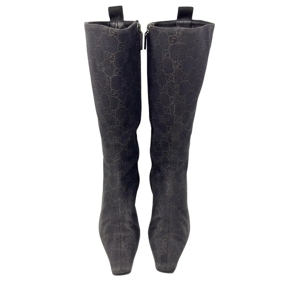 Gucci Boots Knee High Tall Brown Monogram GG‎ Logo Western Cowboy Heels 37.5